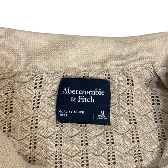 Abercrombie & Fitch Sweater Polo Wide Collar Geometric Retro Crochet Knit Tan - Picture 3 of 4